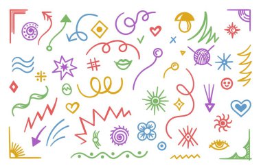 Soyut karalama çizgileri, oklar ve karalama tasarım elementleri kumaş, duvar kağıdı, ambalaj için ayarlanır. Vektör illüstrasyonu