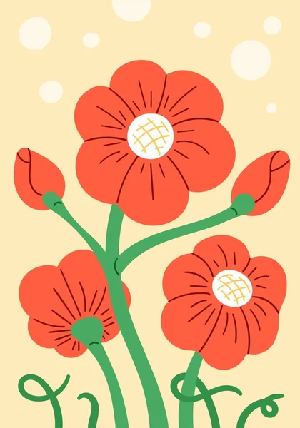Červeně Kvetoucí Květiny Pár Neotevřených Pupenů Svislá Květinová Karta Nebo — Stockový vektor