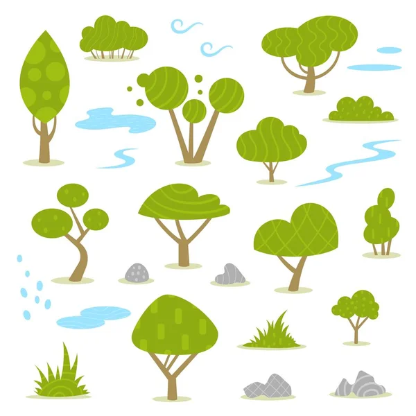 Set Van Verschillende Bomen Struiken Gras Water Stenen Activa Voor — Stockvector