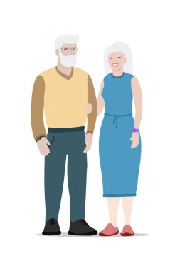 Yaşlı bir çift. Mutlu son sınıf çifti bir arada duruyor. Yaşlı kadınlar ve erkekler, eş. Vektör illüstrasyonu