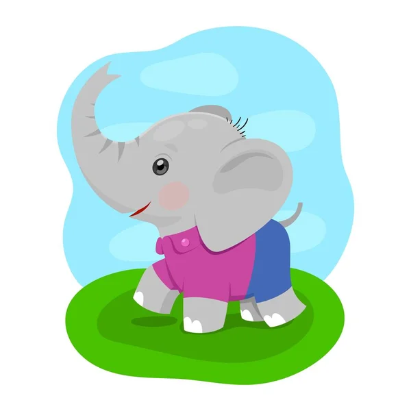 Little Happy Cute Baby Elephant Cartoon Style Dressed Lilac Shirt — Stock Vector