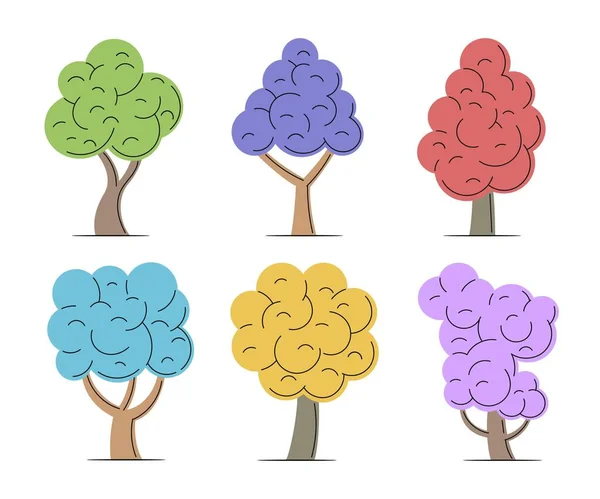 カラフルな葉を持つ装飾的な木のセット ベクターイラスト — ストックベクタ
