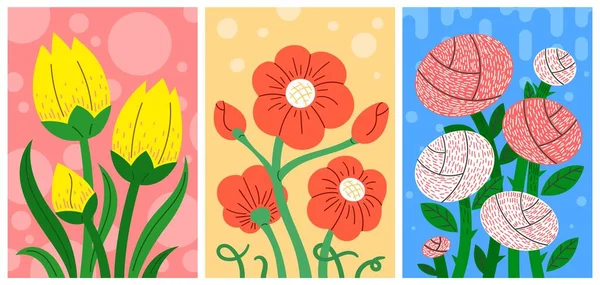 Cartão Floral Cartaz Com Buquês Flores Diferentes Ilustração Vetorial — Vetor de Stock