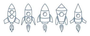 Çizim tarzında hortumlardan kaçan alevlerle fırlatılan bir roket seti. Vektör illüstrasyonu