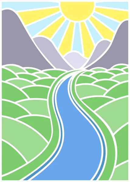 Плакат Идиллическим Солнечным Пейзажем Река Течет Через Холмистые Предгорья Гор — стоковый вектор