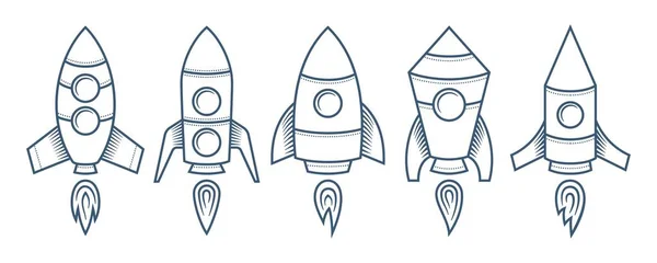 Conjunto Cohetes Despegando Con Llamas Escapando Las Boquillas Estilo Dibujo — Vector de stock