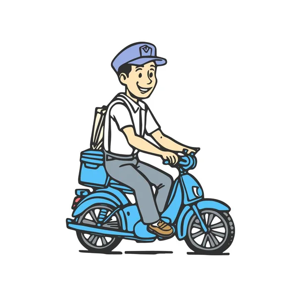 Liefermann Auf Einem Blauen Motorroller Lebensmittel Post Oder Warenlieferung Vektorillustration — Stockvektor