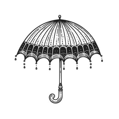 Üzerinde yağmur damlaları olan siyah beyaz bir şemsiye çizimi.