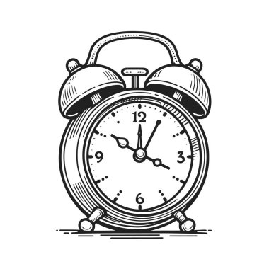 Alarm saatinin siyah beyaz çizimi. 3 ve 9 numaralarda elleri var. Saat 9: 30 'a ayarlandı.
