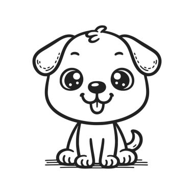 Yerde sevimli bir çizgi film köpeği oturuyor. Dili dışarı çıkmış ve gülümsüyor.