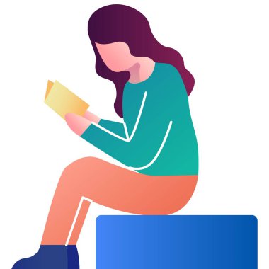 Kadın kitap vektör simgesi okuyor. Kız karakter, öğrenci ve edebiyat hayranı beyaz arka planda izole edilmiş