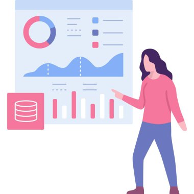 Sunucu izleme servis simgesi. Vektör kadın yönetici ya da geliştirici sunum raporu. Bulut hesaplama ve iş teknolojisi