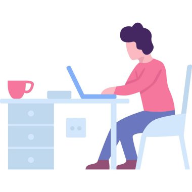 İş yeri ikonunda vektör bilişim bürosu erkek çalışanı. Dizüstü bilgisayarda çalışan adam beyaz arkaplanda izole edildi