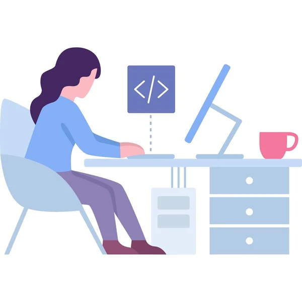 Yazılım Geliştirme Servisi Simgesi Yerinde Bilgisayar Kullanarak Çalışan Vektör Kadın — Stok Vektör