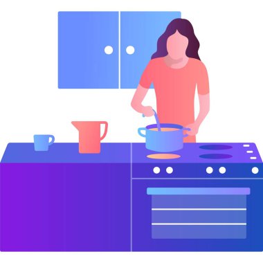 Kadın mutfak ikonu üzerinde yemek pişiriyor. Beyaz arka planda akşam yemeği hazırlayan kız