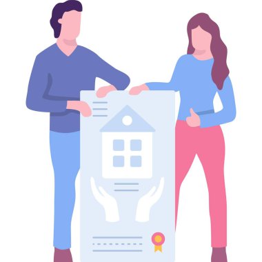 Ev sigortası ikonu. Beyaz arka planda büyük bir emlak koruma politikası formu tutan erkek ve kadın çift.