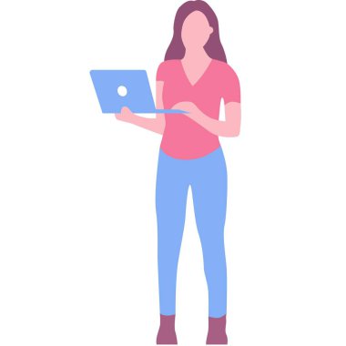 Kadın dizüstü bilgisayar vektör simgesi üzerinde çalışıyor. Ofis çalışanı, serbest çalışan beyaz arka planda izole edilmiş uzak iş için bilgisayarı kullanan