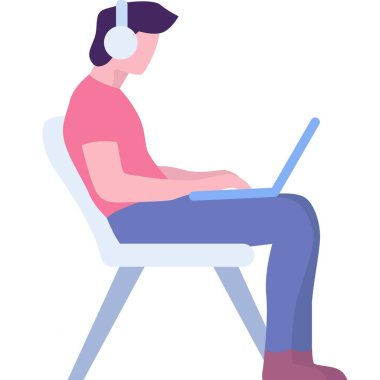 Öğrenci çalışması çevrimiçi simge vektörü. Kulaklıklı bir adam eğitim için dizüstü bilgisayar kullanıyor beyaz arka planda tek başına oturuyor.