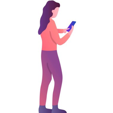 Mobil sohbet vektör düz simgesi kullanan bir kadın. Beyaz arkaplanda izole edilmiş akıllı telefon aracılığıyla çevrimiçi konuşma