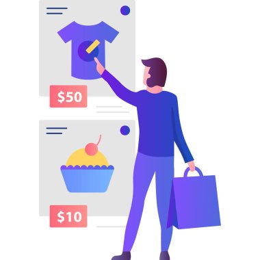 Satış ikonu. Çevrimiçi mağaza mobil uygulama vektörü. Kadın internet üzerinden satın alıyor.