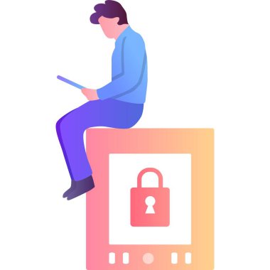 Veri koruma simgesi. Vektör adam internet üzerinde beyaz arka planda izole edilmiş mobil tablet kullanarak internet bilgileriyle çalışıyor. Güvenlik erişimi, siber güvenlik teknolojisi