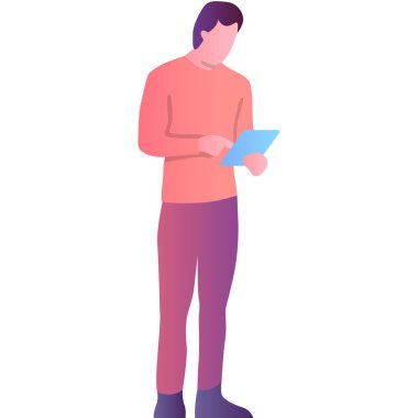 Mobil tablet vektör simgesindeki postaları kontrol et. Ekranda, beyaz arkaplanda izole halde duran erkek karakter okuma iletisi