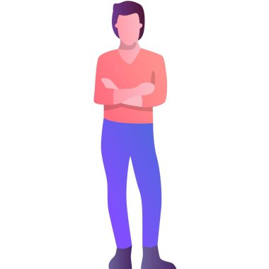 Eli çapraz olan adam göğüs vektörü ikonunda. Beyaz arka planda kollarını kavuşturmuş bir iş adamı.