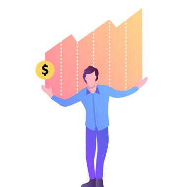 Yatırım simgesi. Para finansman büyüme vektörü. Başarı ve kar kontrolü. Ekonomik tabloda büyüyen bir iş adamı