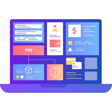 Çevrimiçi ödeme ikonu. Dijital para ve banka hesabı. Dizüstü bilgisayar ve bankacılık hizmeti. İnternet, ekommerce ve uzaktan alışveriş