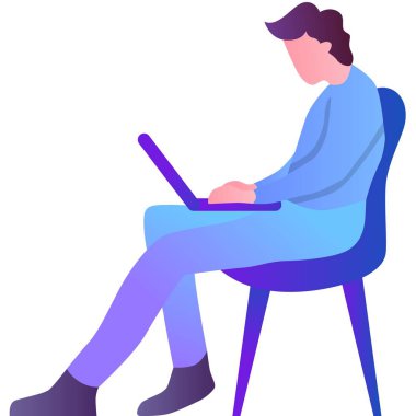 Dizüstü bilgisayarda çalışan adam. Uzak görev simgesi. İşadamı, bağımsız çalışan, beyaz arka planda izole edilmiş bilgisayar kullanarak sandalyede oturuyor..