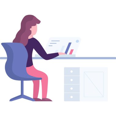 Laptop bilgisayar vektör simgesi üzerinde çalışan bir kadın. Ofis masasında oturan iş kadını, beyaz arka planda proje analizi yapıyor.