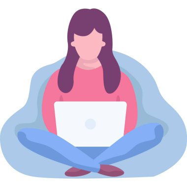 Kadın dizüstü bilgisayar vektör simgesi üzerinde çalışıyor. Tecrit edilmiş bir iş adamı ya da öğrenci. Ofisteki insanlar serbest çalışmaktan hoşlanırlar.