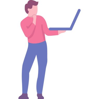 Dizüstü bilgisayar ekran vektör simgesine bakan adam. Beyaz arka planda izole bir şekilde duran bilgisayarla düşünen bir erkek.