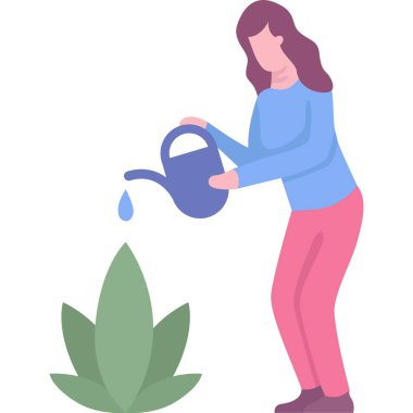 Kadın bitki suluyor. Çiçek bakım ikonu. Beyaz arka planda izole bir şekilde büyüyen kız. İnsanlar ve doğa kavramı