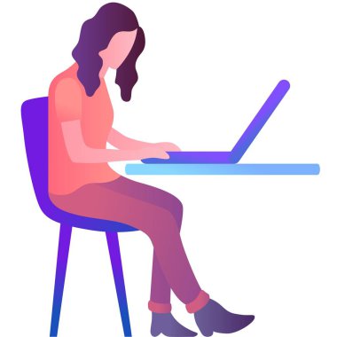 Ev ofisinden dizüstü bilgisayarla çalışan bir kadın. Freelancer, beyaz arka planda izole edilmiş uzaktan çalışan