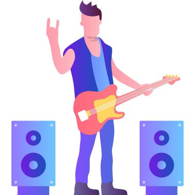 Gitar vektörlü rockçı. Gitarist ikonu. Hoparlör arasında duran erkek müzisyen beyaz arka planda izole edildi