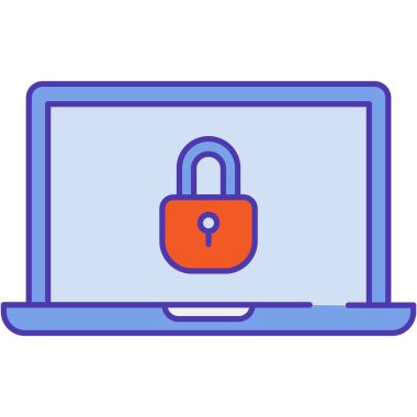 Laptop ekran vektörüne kilitlen. Güvenli bilgisayar yassı simgesi. Mahremiyet ve çevrimiçi bilgiler güvende. İnternet illüstrasyonunda güvenlik ve koruma