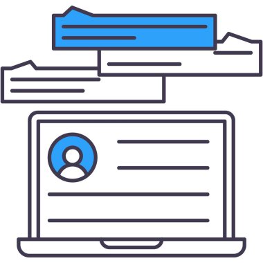 Konuşma balonu vektöründe uyarı e- postası olan bilgisayar dizüstü bilgisayar ekran simgesi. Sosyal ağ mesajı, bülten ve uyarı. Kullanıcı profili ve medya teknolojisi. İnternet çalışma alanı kavramı