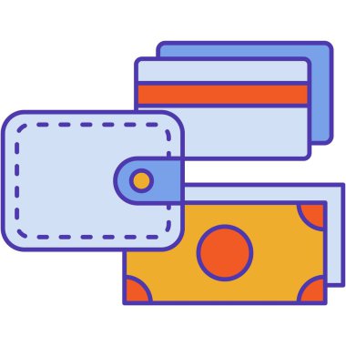 Banka kartı, cüzdan ve para vektör simgesi. Cüzdan, para ve e-para düz çizim. İş, satış ve ödeme sembolü. Ödeme, finans ve alışveriş grafiği. Tasarruf, kazanç veya maaş kavramı