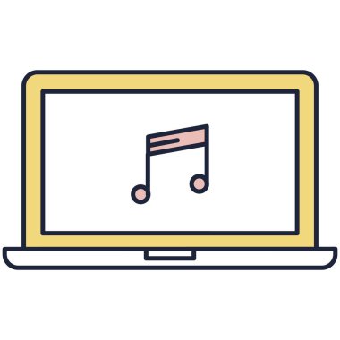 Music content management as digital marketing tool flat vector icon. Note on laptop computer screen design. Music player application, online radio, start podcasting
