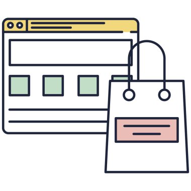 E-commerce, internet shopping, online market icon. Paper bag, e-shop marketplace website flat vector design. Business, commerce and consumerism