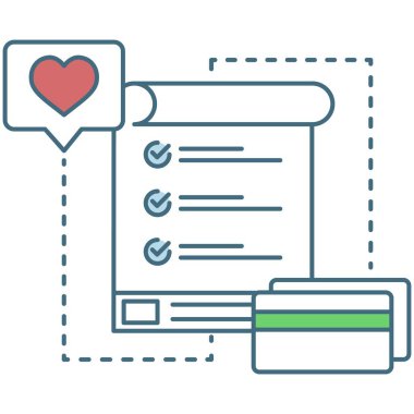 Wish list or checklist icon. Flat vector design with christmas wishlist for online shopping, plastic credit bank card and heart like social media sign