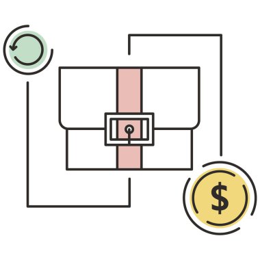 Investment and management icon. Startup project development and entrepreneurship flat vector. Outline briefcase, money dollar coin and renovation sign design