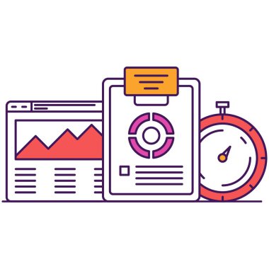 Training knowledge material for education and retraining vector icon. Clipboard paper document, online web resource for e-learning, compass or timer watch design