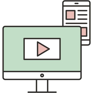 Çevrimiçi konferans, webinar, video çağrısı, iş eğitimi ikonu vektör illüstrasyonu. Bilgisayar ve cep telefonu tasarımı