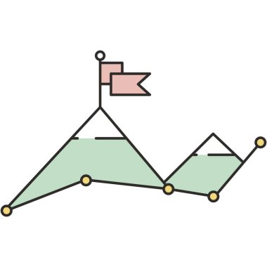 Strateji hedef simgesi. Dağın zirvesinde bayrak var. Zorluk ve kariyer büyüme logosu. Başarı yolculuğu ve hırs, iş stratejisi konsepti