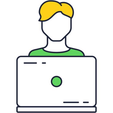 Dizüstü bilgisayar kullanıcı simgesi. Vektör kişi çevrimiçi resim grafiği üzerinde çalışıyor. İş adamı, analist, öğrenci, kodcu, müşteri ya da çalışanlar