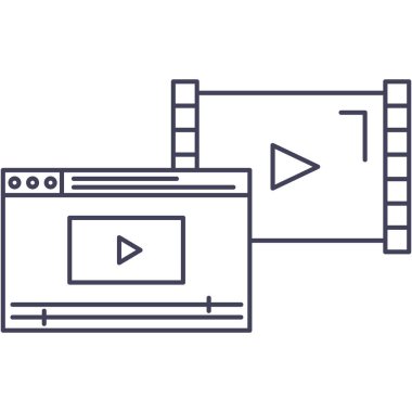 Video uygulama simgesi. Film düğmesi ile vektör ortam arayüzü şablonu. Web kanalı, ui, çevrimiçi sohbet veya multimedya video katmanı uygulaması