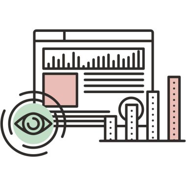 Web sitesi, internet, sosyal medya ikonu düz vektör. Çevrimiçi iş ve ağ teknolojisi, dijital bilgi, grafik ve grafikte veri araştırma ve analizi