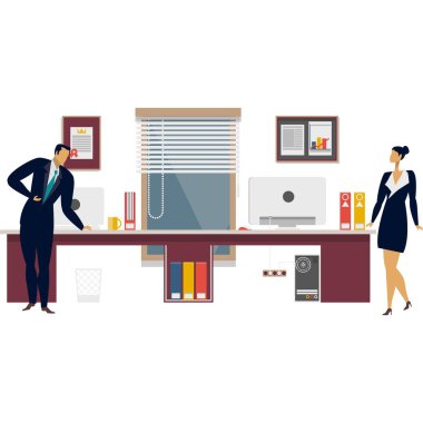 Ofis vektörü. İnsanlar iş dünyasının simgesi olarak çalışıyor. Kahve molası. Meslektaşlar tartışır ve takım çalışması yapar